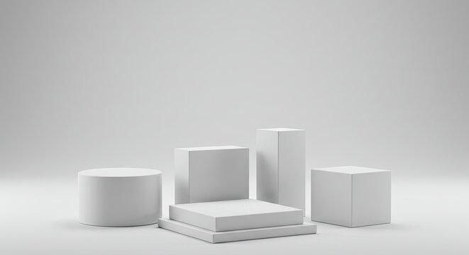 Minimalist arrangement of white geometric pedestals and blocks on a clean white background