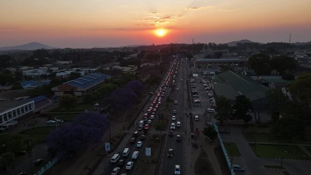 aerial view of Sunset traffic in Blantyre, Malawi