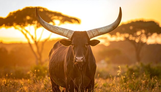 An African Ankole cattle bull with impressive horns, sunset