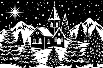 Obraz premium Christmas night landscape, fir tree, church, house, snow seamless pattern. Winter village holiday wallpaper.
