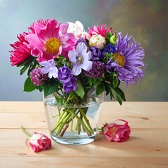 Vibrant bouquet of mixed flowers in a clear glass vase on a wooden table