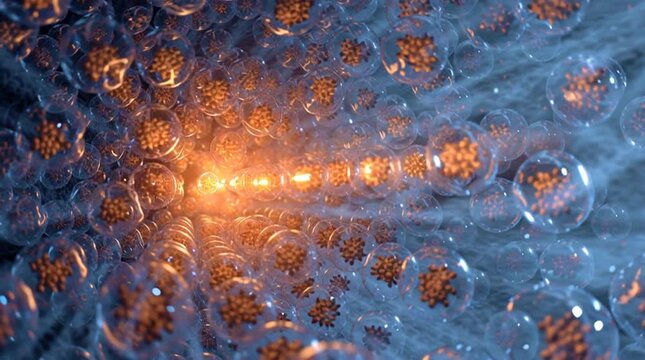 Surreal artistic view from inside an atomic nucleus, with glowing protons and neutrons as energy spheres. An incoming neutron streaks in like a meteor, triggering instability and imminent fission.
