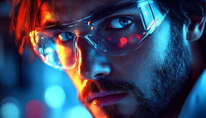 Focused male scientist in safety glasses intense blue and red lighting