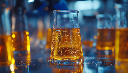 Golden liquid in glass beaker science experiment laboratory research chemical analysis