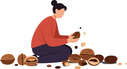 Woman cracking open walnuts with shell fragments and whole nuts around in simple vector illustration 