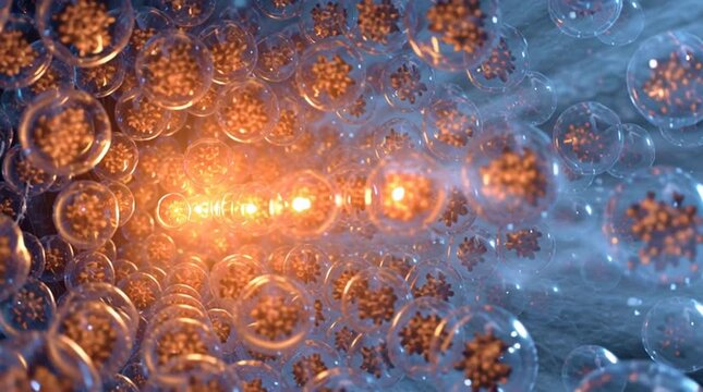 Surreal artistic view from inside an atomic nucleus, with glowing protons and neutrons as energy spheres. An incoming neutron streaks in like a meteor, triggering instability and imminent fission.
