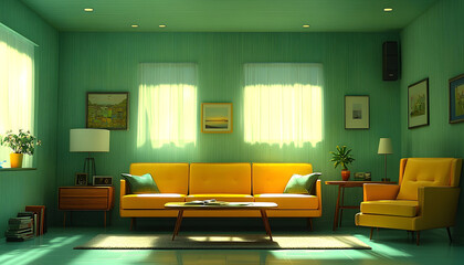 Sunlit mid century modern living room interior