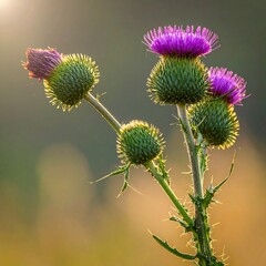 Close-up of thistle flowers in sunlight