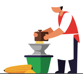Man grinding corn with traditional mill and colorful grains vector illustration 