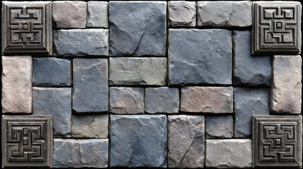 Decorative stone wall panel with carved corner accents for texture background