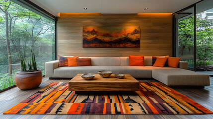 Modern living room interior with sectional sofa colorful rug and warm lighting