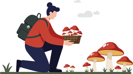 Person harvesting red and white mushrooms in nature with backpack vector illustration outdoor activity 