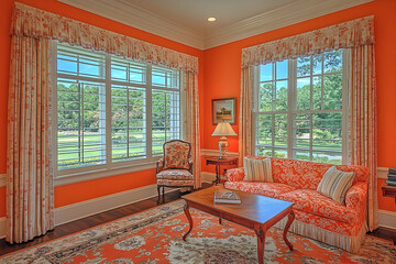 Bright orange living room interior with large windows and comfortable furniture