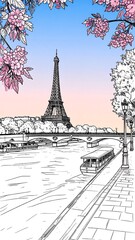 Parisian riverside scene at dawn, outlined in black ink, with blossoming trees and the Eiffel Tower