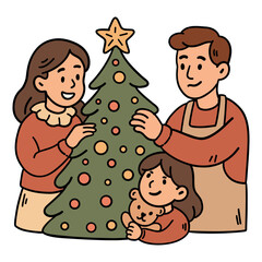 Happy Family Decorating Tree Together – Cozy Cartoon Illustration