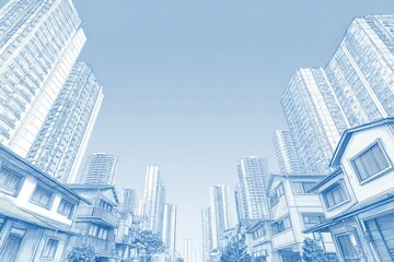 Obraz premium A captivating architectural sketch of a city street featuring a blend of modern high-rise buildings and traditional houses, all depicted in a striking blue color palette.