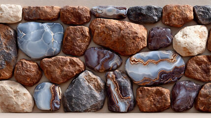 Decorative wall of mixed rough and polished agate stones for background texture