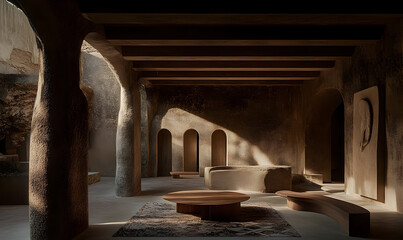 Sunlit modern interior with earthy tones and organic forms