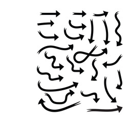 Hand Drawn Curved Arrows Set, Vector Ink Brush Direction Icons.