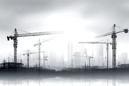 A black and white cityscape features numerous construction cranes against the skyline, creating an industrial and dynamic urban environment with a misty ambiance.