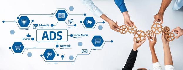 Hands unite to create synergy with gears, symbolizing collaboration in advertising and social media...