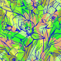 Bright narcissus outline flowers with blots seamless pattern in trendy green yellow tones. Botanical modern design for textile, apparel fabric, bedding, dress, wallpaper.