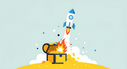Rocket launching from treasure chest filled with gold coins