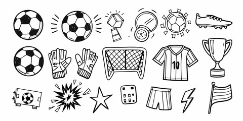 Collection of hand drawn soccer football icons and symbols for sports design © Partha