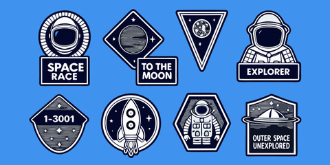 Collection of retro style space exploration badges and patches with astronauts rockets planets and ufos