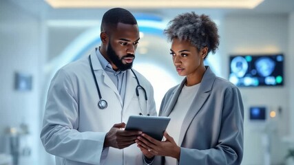 Healthcare professionals are engaged in a discussion about patient data - Powered by Adobe