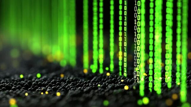 Abstract Green Binary Code Stream Over Textured Black Surface With Bokeh Lights