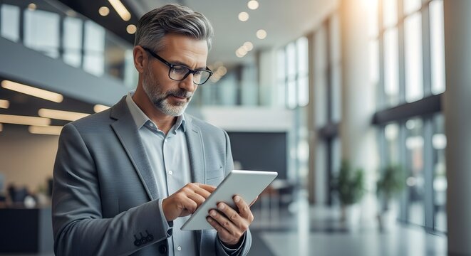 Professional businessman using digital tablet in modern office environment with soft natural light
