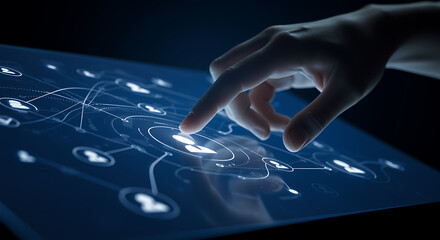 Finger touching glowing blue digital network interface