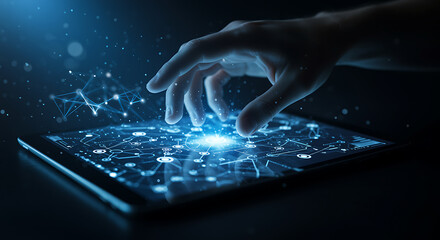 Hand touching glowing digital network on tablet screen 1
