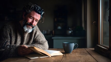 Mature man reading a book and enjoying a quiet moment with coffee indoors