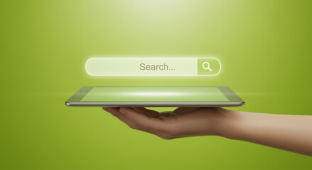 Hand holding tablet with glowing search bar internet
