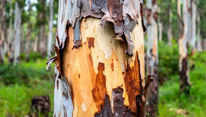 Close-up of weathered eucalyptus bark.  Forest background