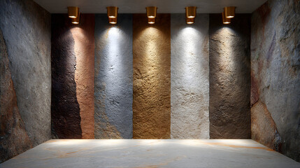 Lit stone wall panels in a showroom for interior design and decor selection