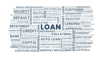 Fototapeta premium Loan wordcloud illustration, finance and credit loan wordcloud design with mortgage, repayment, and loan approval concept