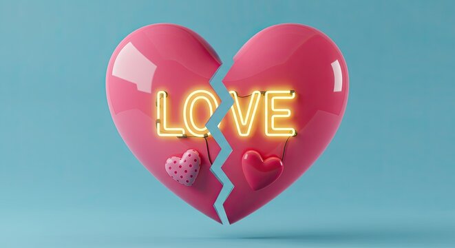 Broken heart shaped object with neon love sign against a blue background