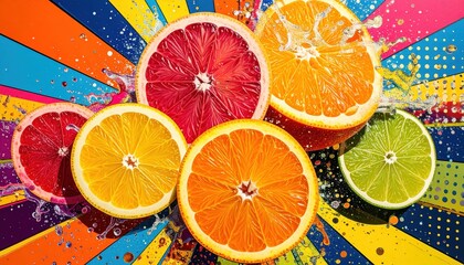 Vibrant image showcases a variety of sliced citrus fruits, including oranges, grapefruits, and limes, arranged artfully against a colorful background with playful splashes of water, creating a...