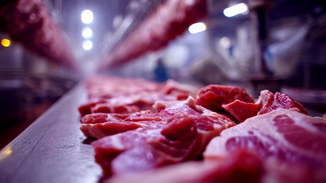Medium shot showing a machine sorting different meat cuts on a conveyor belt with the robotic sorter in sharp focus against a softfocus factory setting.