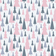 Christmas seamless pattern with festive abstract Christmas trees, vector, flat design. Graphic element, gray-pink pattern template for fabric, wrapping paper, cover, wallpaper, design, label
