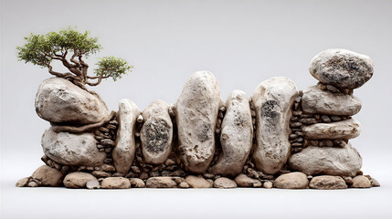 Miniature stone wall with bonsai tree sculpture on white, for Zen concepts