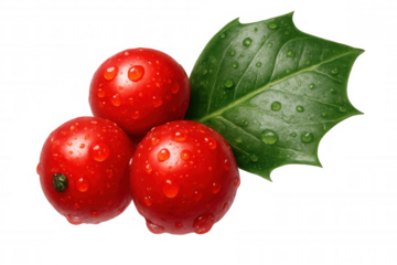 Fresh holly berries and green leaf with water drops on transparent background, symbolizing christmas holiday season