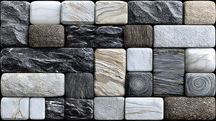 Mixed stone tiles arranged on a dark background for decorative wall texture