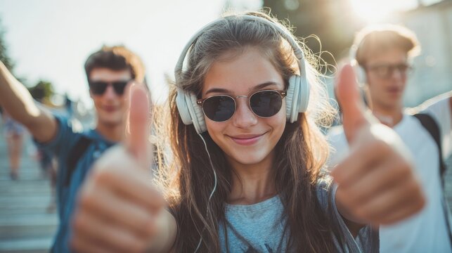 summer holidays and teenage concept  teenage girl in sunglasses and headphones hanging out with friends outside and showing thumbs up no logos no brands ar 169