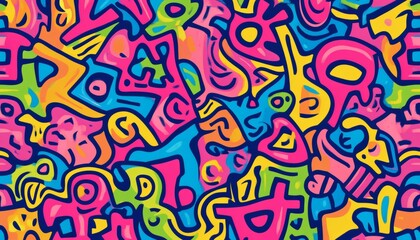 The illustration features a seamless pattern composed of various abstract shapes in bright pink, yellow, blue, and green colors, outlined with dark blue lines.