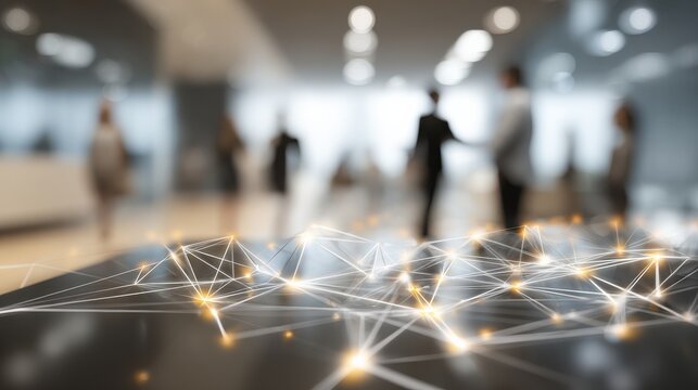 abstract network on table with blurred figures in background in a modern office setting