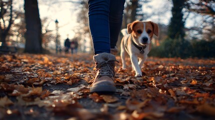 Small dog walking with owner on autumn leaves in a city park
